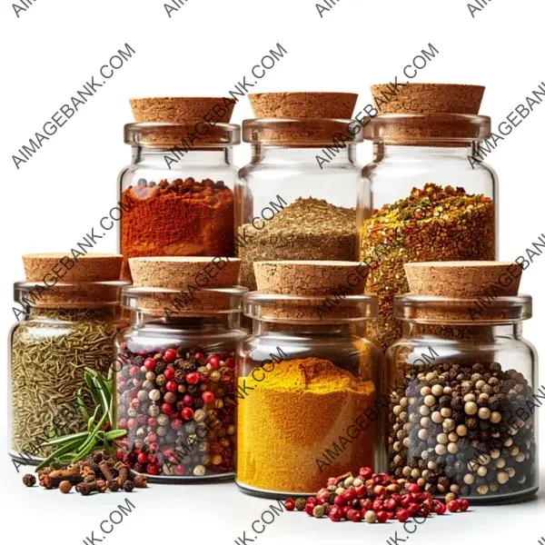 Array of Spice Jars: Isolated Ingredients for Culinary Delights