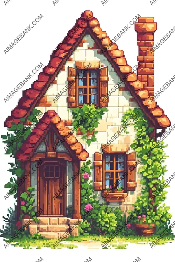 Pixel Art: 8-Bit House on White Background