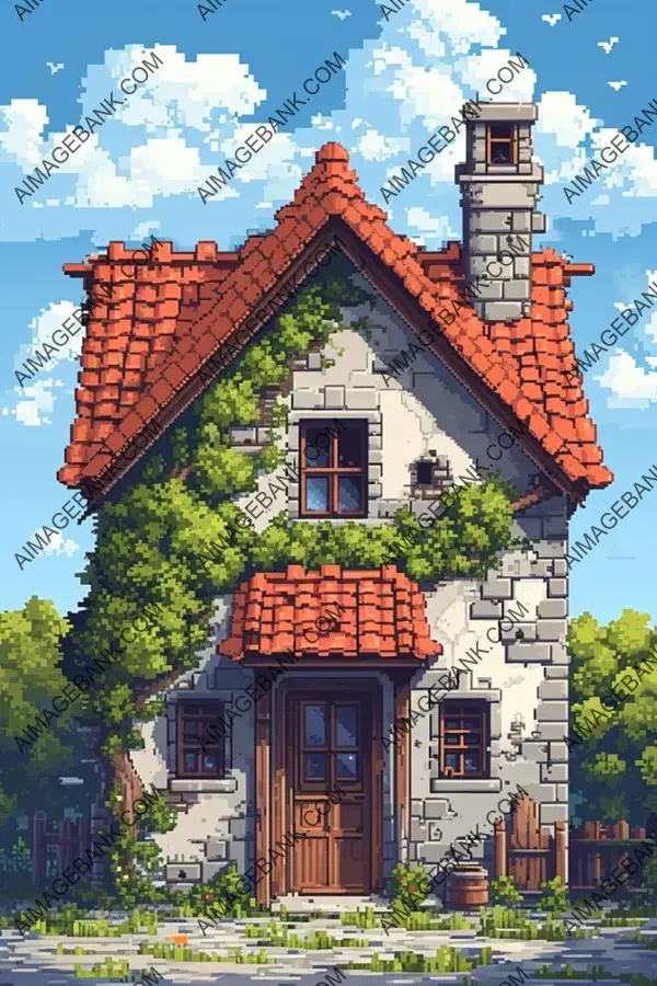 Pixelated House: 8-Bit Style, White Background