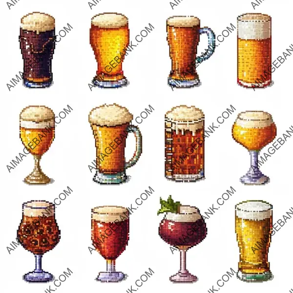 Pixelated Beer Collection: 8-Bit Style, White Background