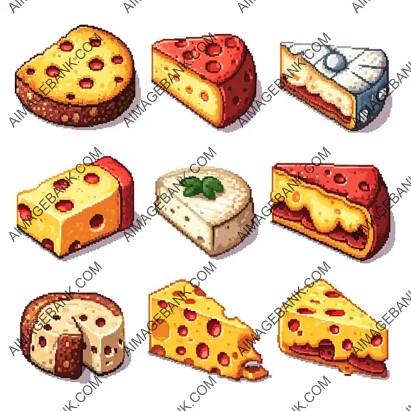 Pixelated Cheese Collection: 8-Bit Style, White Background