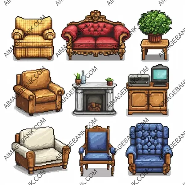 Pixel Furniture Collection: 8-Bit Style, Isolated