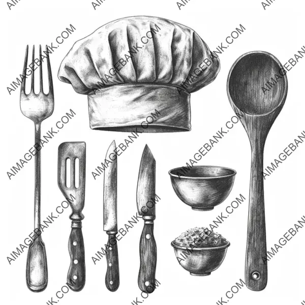 Kitchenware with Chef&#8217;s Hat Isolated on White for Culinary Theme