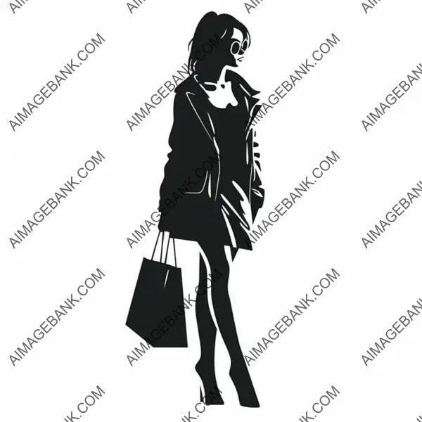 Black Vector Line Art of Woman Shopping Silhouette