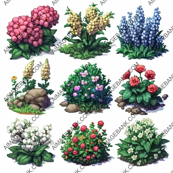 Isolated SNES Style Pixel Art for Flower Garden Assets