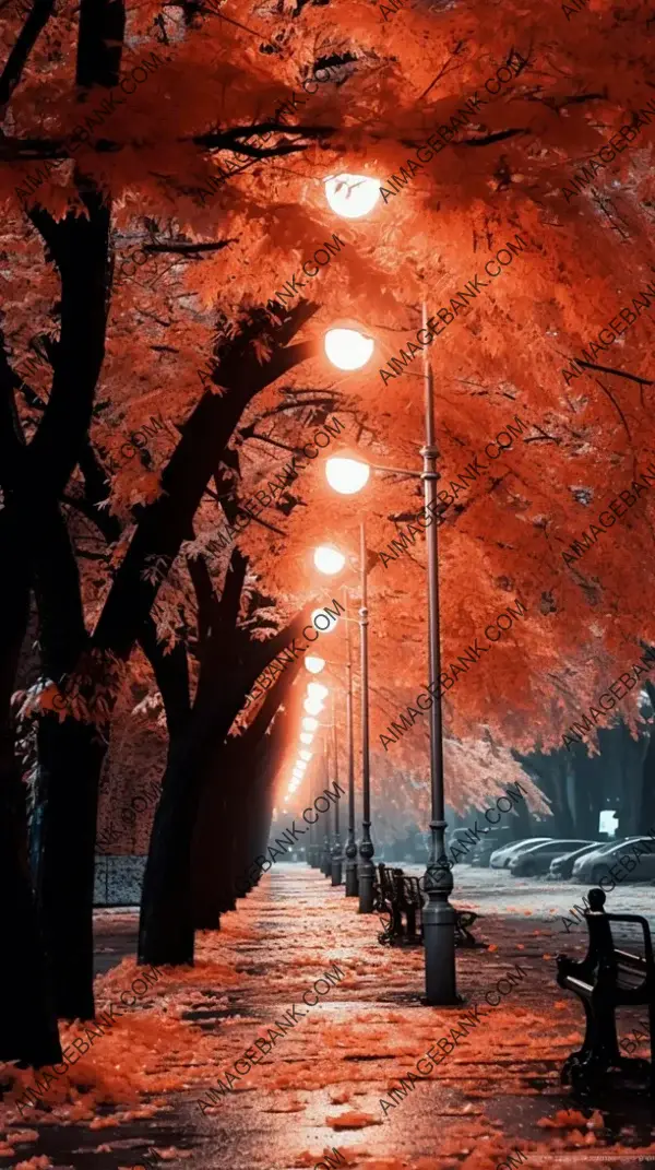 Urban Autumn Scene: Rain, Fallen Leaves, and Streetlights