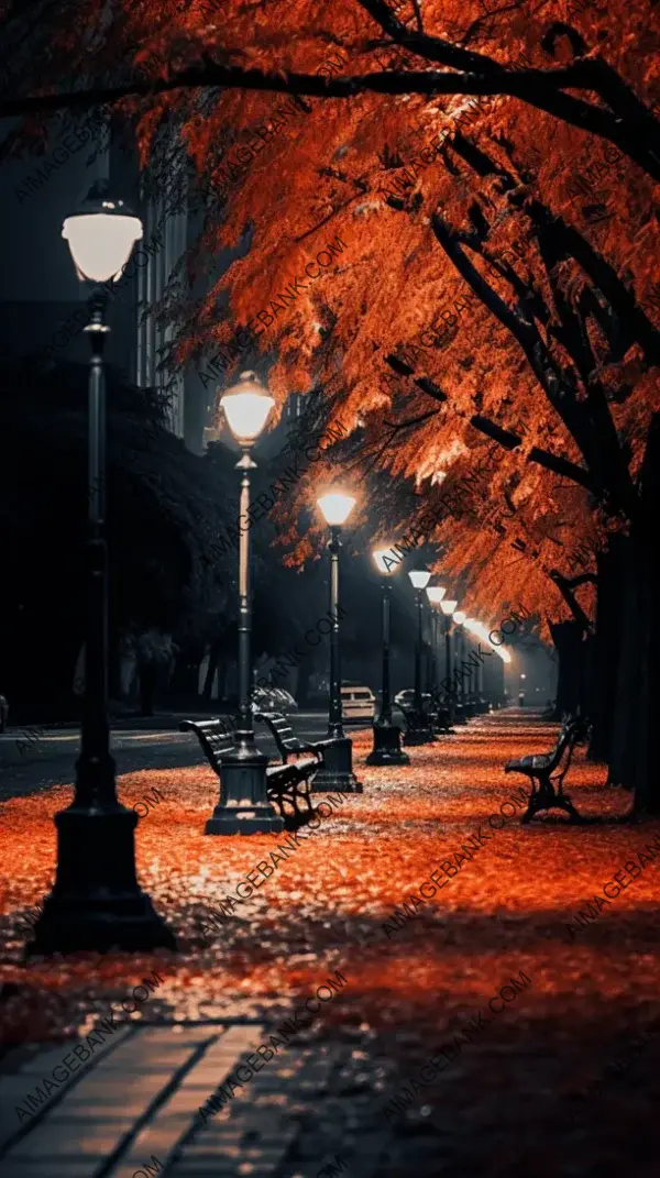 Rainy Autumn Evening: Streetlights Illuminating Fallen Leaves