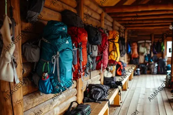 Cabin Ready: Backpacks Arranged Along the Wall Inside a Cabin