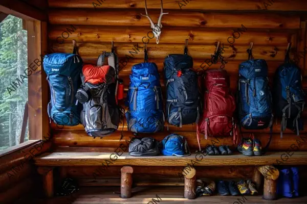 Preparing for Adventure: Backpacks Lined Up Inside a Cabin