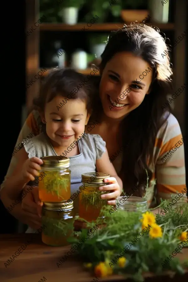 Herbal Bliss: Happy Baby and Mom Engaged in Herbal Medicine Blend