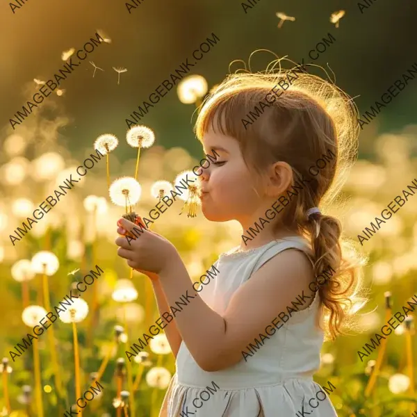 Playful Breeze: Little Girl Blowing Dandelions on a Sunny Day