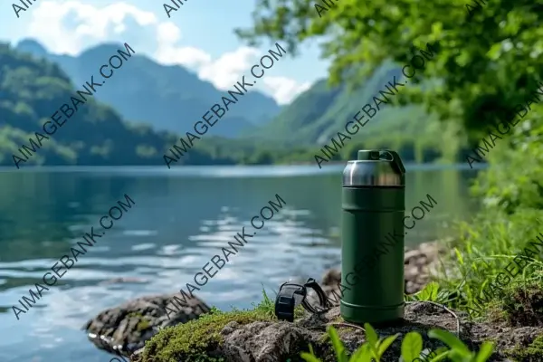 Nature&#8217;s Hydration: Green Thermo Water Bottle Against a Tranquil Lake