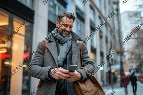 Business Tech Bliss: Happy Businessman Engrossed in Smartphone Activity