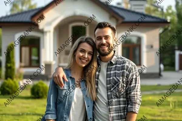 Homeownership Bliss: Standing in Front of the New House, a Happy Young Couple