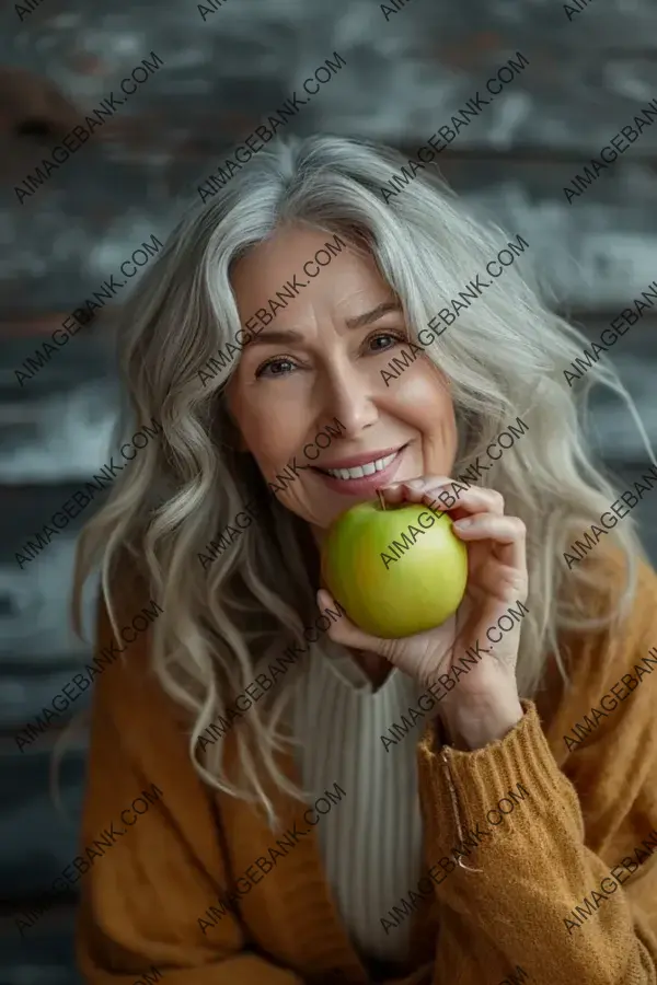 Apple Bliss: A Candid Portrait of a Happy Mature Woman Delighting in a Crunchy Bite