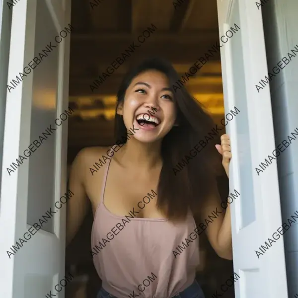 Asian Woman Laughing While Opening a Door