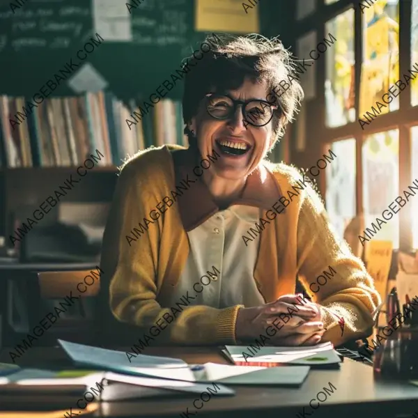 Chubby Female Teacher Sitting at Her Desk