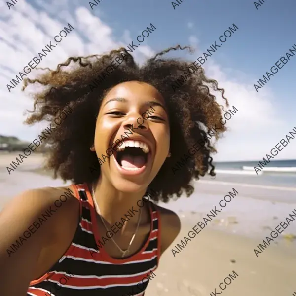 Carefree Laughter: Selfie of a Black Teen Girl at the Beach