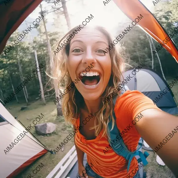 Laughter at the Campsite: Woman&#8217;s Joyful Selfie