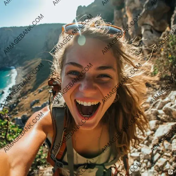 Mountain Exploration: Woman&#8217;s Selfie with a Thrilling Scream