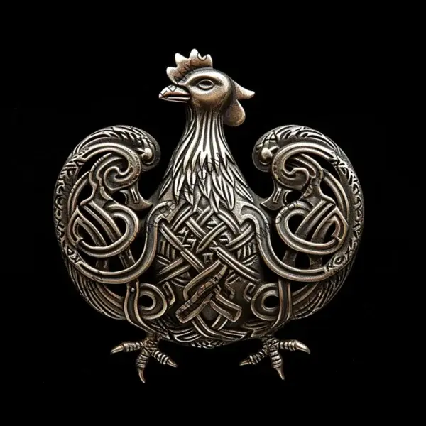 Uniquely Crafted: Photo Capturing the Detail of a Silver Celtic Chicken Brooch