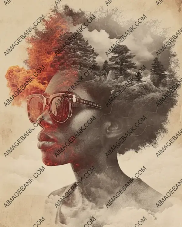 Immerse yourself in the powerful depiction of an atomic bomb explosion, combined with the enigmatic presence of an afro girl in sunglasses.