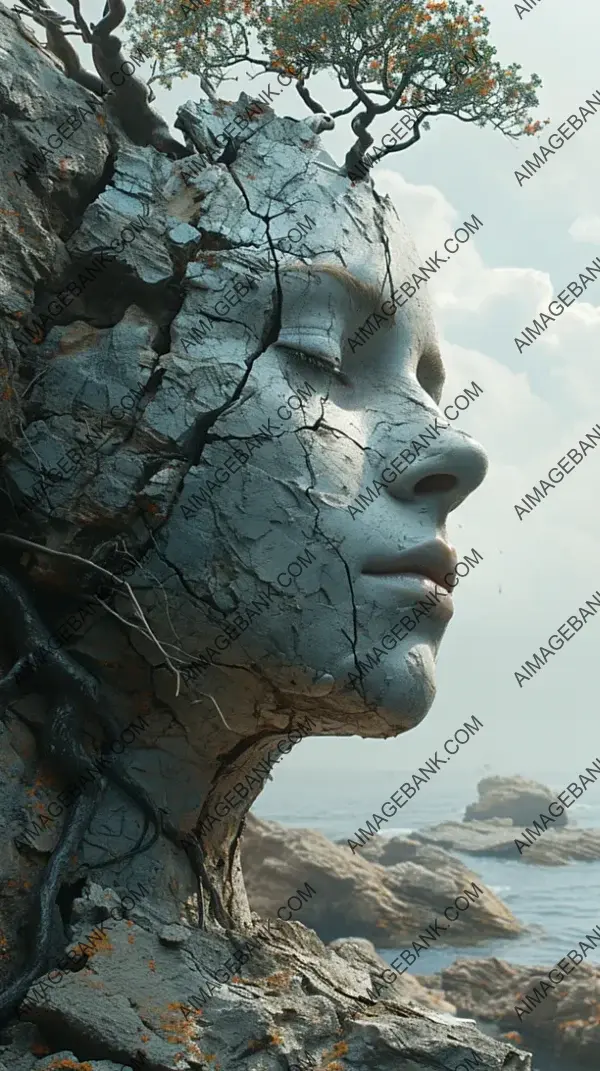 Witness the artistry of a head with a tree branch growing through it, a symbolic representation of the interconnection between humanity and nature.