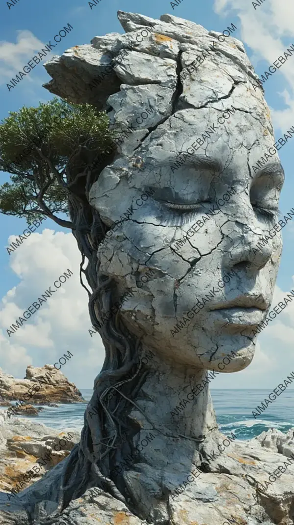 Explore the symbolism of a head with a tree branch growing through it, where the boundaries of self and environment blur in a poetic composition.