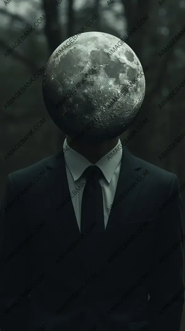 Witness the enigmatic face of a moon man, crafted with unique materials and a touch of surrealism, inviting contemplation and wonder.